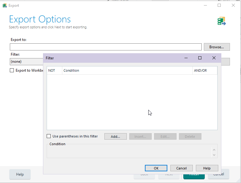 Trados Studio Export Options window showing no filter selected for exporting translation memories with options to add, insert, edit, or delete conditions.