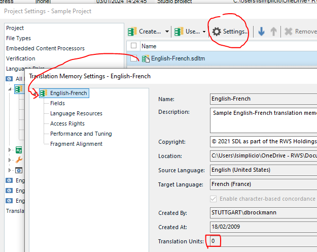 Trados Studio settings showing Translation Memory Settings for English-French with 0 translation units.