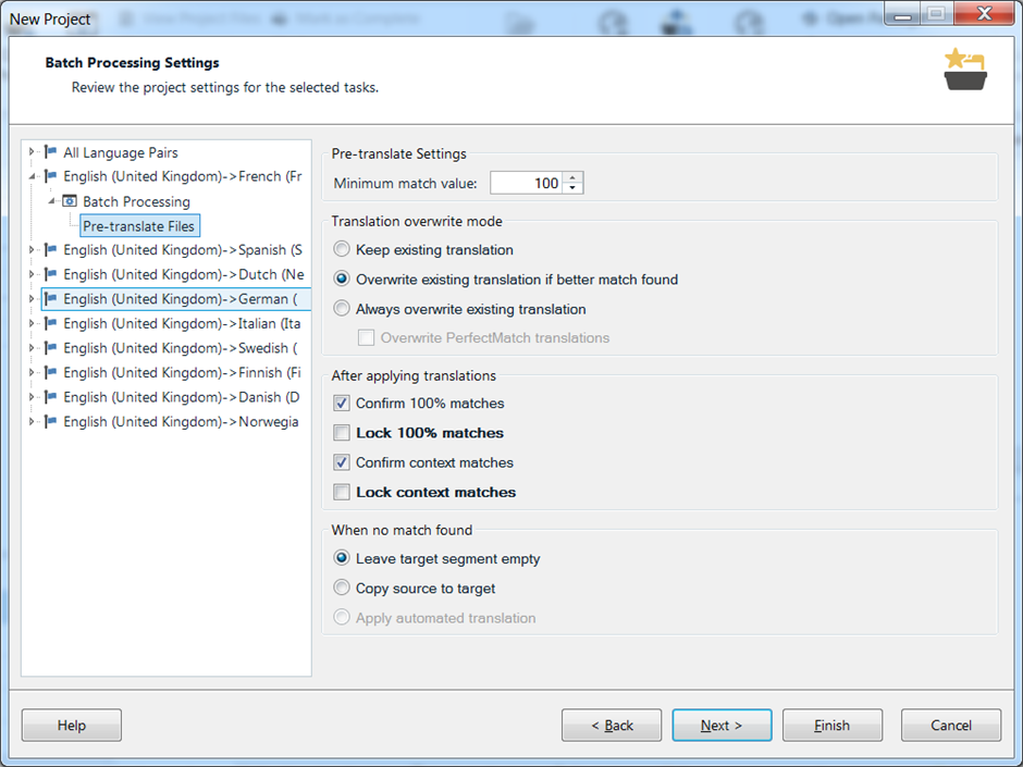 Screenshot of Trados Studio Ideas with Batch Processing Settings for Pre-translate Files, highlighting that the 'Lock 100% matches' option is not applied to the French language pair.