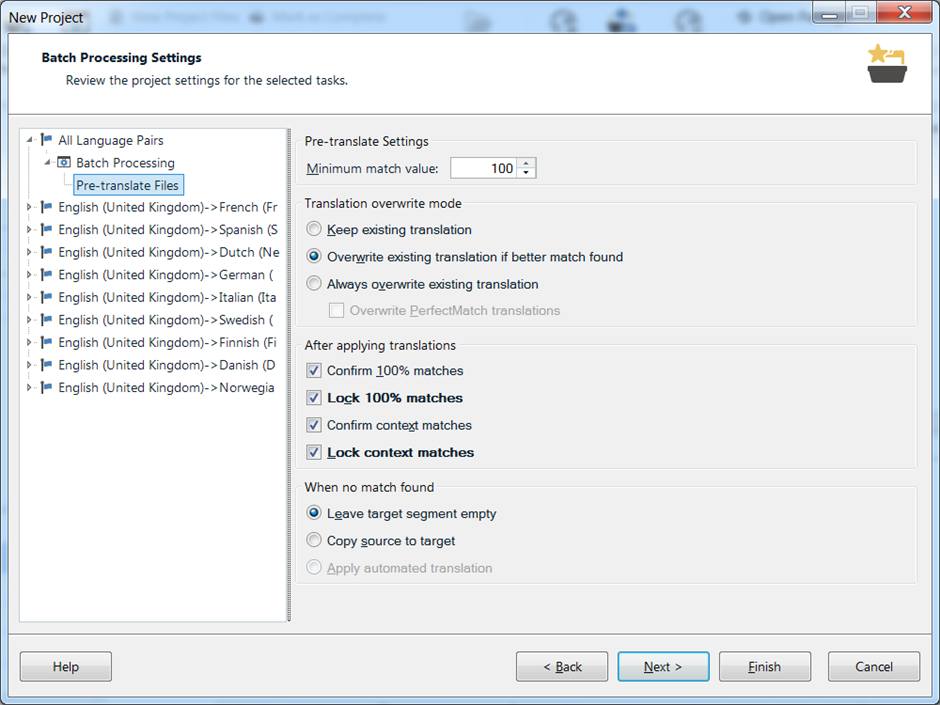 Screenshot of Trados Studio Ideas showing Batch Processing Settings with 'Lock 100% matches' and 'Lock context matches' options selected for all languages except French.