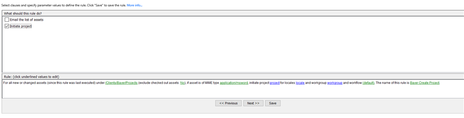 Trados Studio screenshot of the 'New Rule' action clause with 'Initiate project' option selected. Rule details are provided at the bottom for 'Rule: Create Project'.