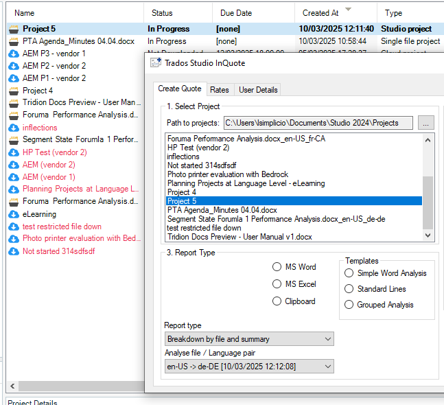 Screenshot of Trados Studio InQuote section with 'Project 5' selected. Details include path to projects and options for report type and templates.