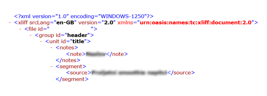 Screenshot of an XML file in Trados Studio with overwritten source lines by target text in the same language 'en-GB' without target language indication.