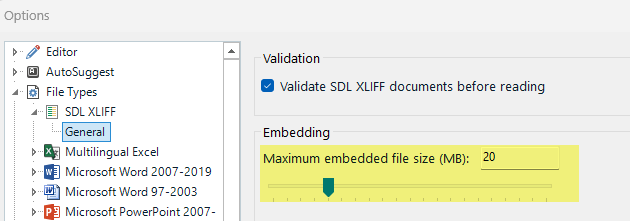 Trados Studio Options dialog showing File Types expanded with SDLXLIFF selected, and General tab open. Maximum embedded file size set to 20 MB.