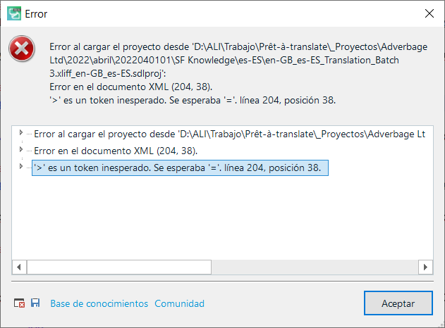 Error message in Trados Studio stating 'Error loading project from path: error in XML document (204, 38). '>' is an unexpected token. '=' was expected, line 204, position 38.' with an 'Accept' button at the bottom.