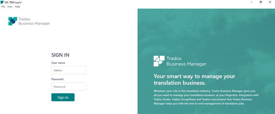 Trados Business Manager login screen with fields for username and password and a sign-in button. No visible errors or warnings.