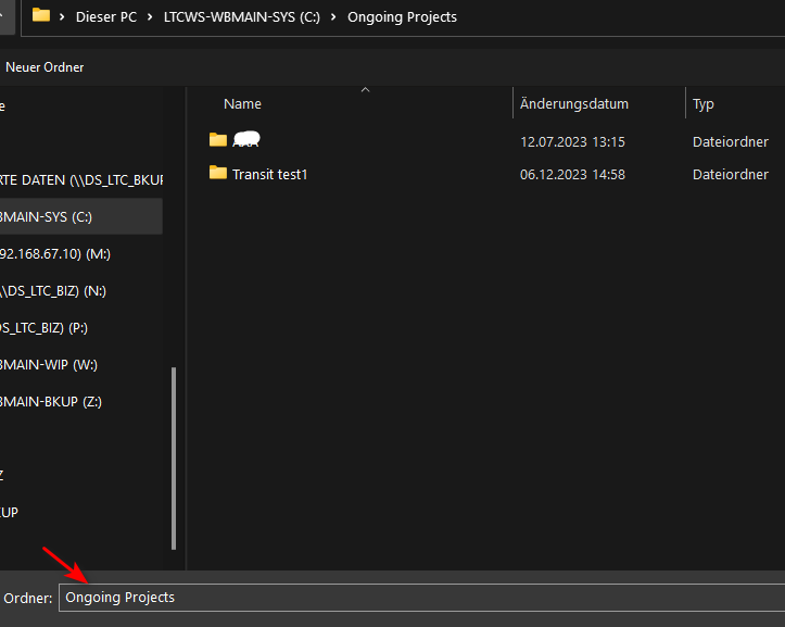 File Explorer window with 'Ongoing Projects' folder selected, showing a subfolder named 'Transit test1'. An arrow points to 'Ongoing Projects'.