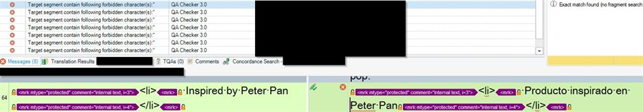 Trados Studio QA Checker 3.0 error list showing multiple 'Target segment contain following forbidden character(s)' errors for double quotes.