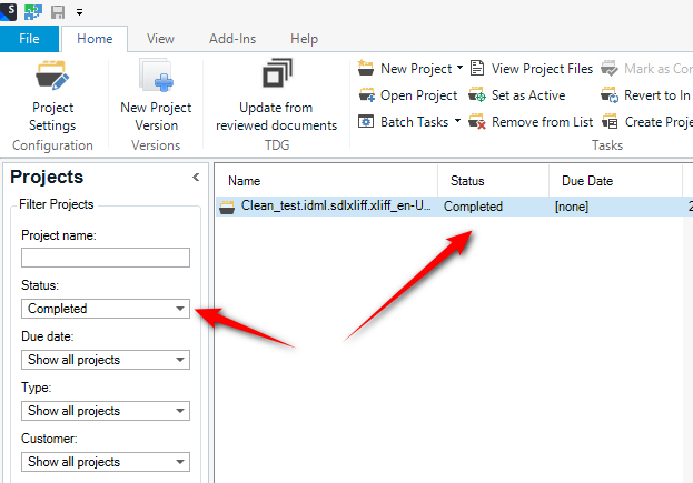 Trados Studio interface showing a completed project named 'Clean_test.idml.sdlxliff.xliff_en-US' with red arrows pointing to the 'Remove from List' button and the project status dropdown menu set to 'Completed'.