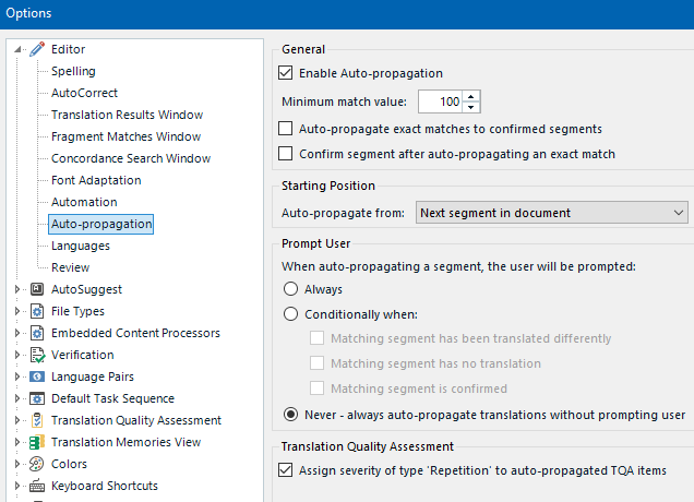 Screenshot of Trados Studio Options menu with Auto-propagation settings, including Enable Auto-propagation checkbox and options for match value, segment confirmation, and starting position.