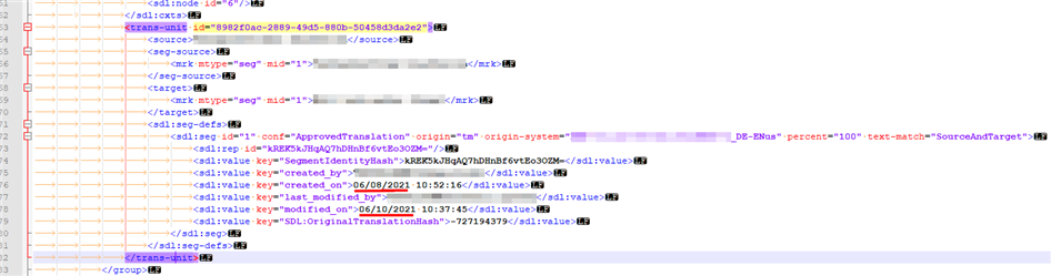 Screenshot of SDLXLIFF file in Trados Studio showing translation units with incorrect 'created' and 'last modified' dates in the future, such as 06082021 instead of 08062021.