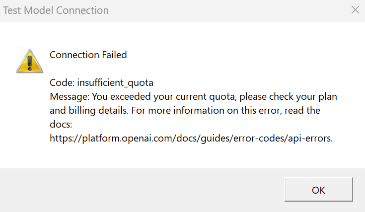 Trados Studio error message window titled 'Test Model Connection' with a warning icon showing 'Connection Failed', 'Code: insufficient_quota', and a message instructing to check the plan and billing details.