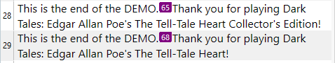 Screenshot of Trados Studio showing two lines of text with tags indicating a demo version of a game.