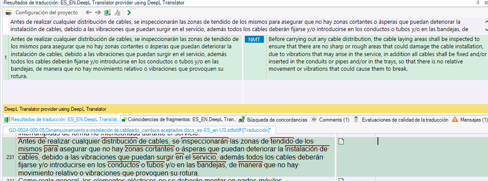 Screenshot of Trados Studio interface showing translation results with ES_EN DeepL Translator provider. The source text in Spanish and the corresponding DeepL translation in English are displayed side by side.