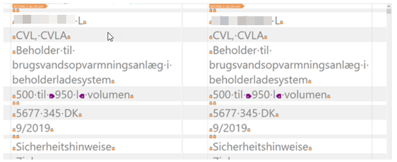 Side-by-side comparison of text segments in a translation software interface, showing differences in spacing and tag handling between two versions.