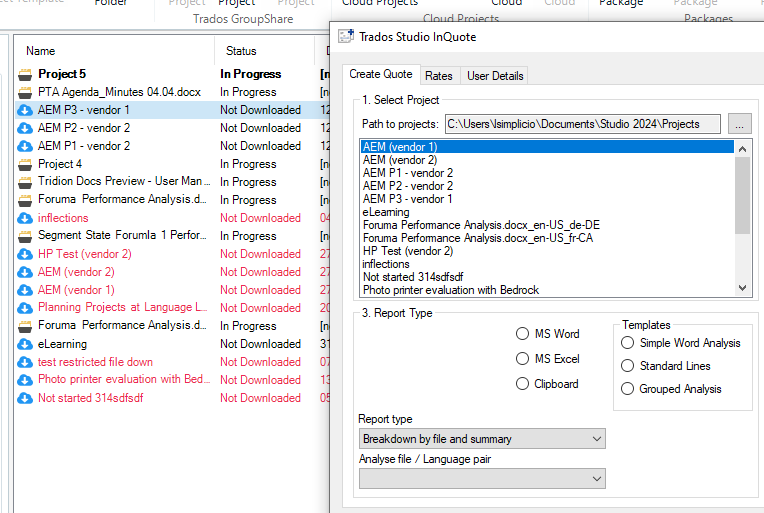 Screenshot of Trados Studio showing a list of projects. 'Project 5' is highlighted as 'In Progress'. Other projects are listed as 'Not Downloaded'.