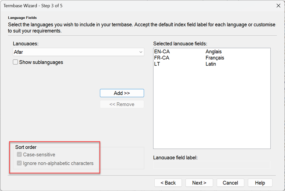Screenshot of Trados Studio Termbase Wizard showing language selection with 'Sort order' options 'Case-sensitive' checked and 'Ignore non-alphabetic characters' unchecked.