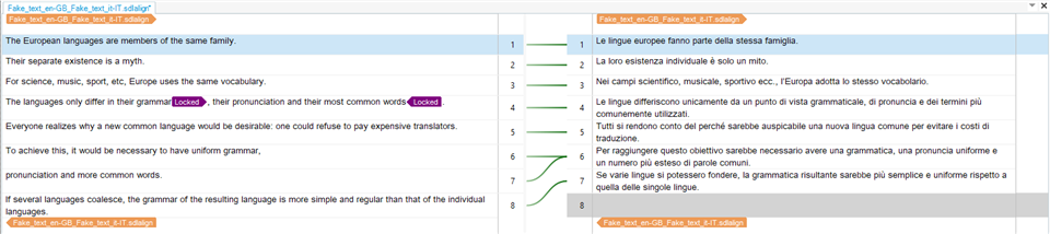 Screenshot of SDL Align software showing incorrectly merged paragraphs in the original document aligned to one segment in the target document.