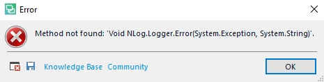 Error dialog box in Trados Studio with a red cross symbol, displaying 'Method not found: 'Void NLog.Logger.Error(System.Exception, System.String)' and an OK button.