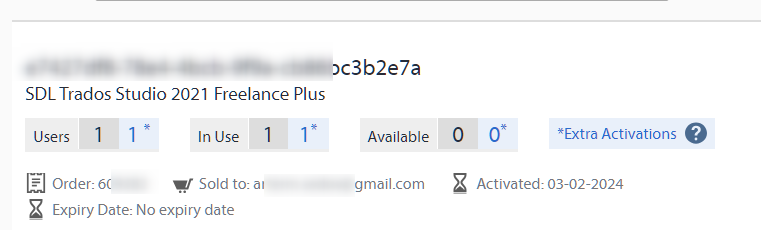 Trados Studio 2021 Freelance Plus license details showing 1 user, 1 in use, 0 available, and extra activations.