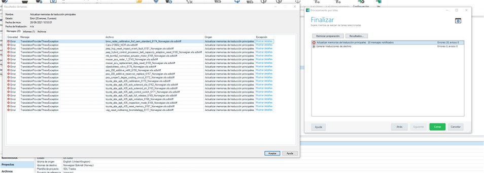 Screenshot of Trados Studio error log showing multiple 'TranslationProviderThrewException' errors during project finalization.
