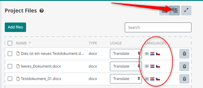 Screenshot of Trados Enterprise Customer Portal showing project files with a red arrow pointing to the settings icon and a red circle highlighting the languages column.