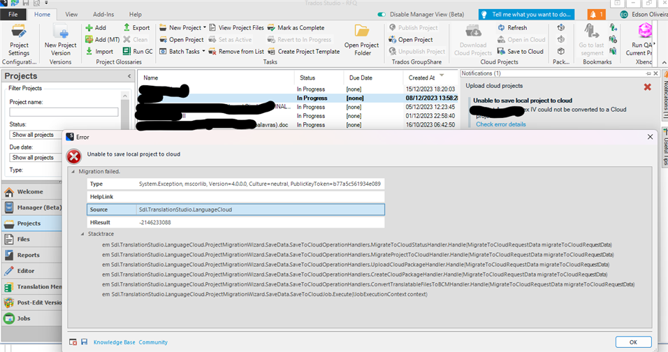 Screenshot of Trados Studio with an error message 'Unable to save local project to cloud' and 'Migration failed'. Details of the error and a stack trace are visible in the error dialog box.