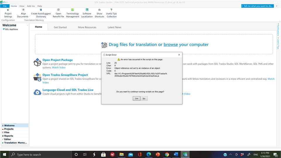 Screenshot of Trados Studio with a Script Error dialog box. Error message reads 'An error has occurred in the script on this page. Line: 25, Char: 2, Error: Object reference not set to an instance of an object, Code: 0, URL: file:C:Program%20Files%20(x86)SDLSDL%20Trados%20StudioStudio5WelcomerapidApirapidApi.js'. Options to continue running scripts or not are provided.
