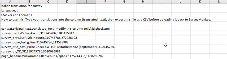 Screenshot of a .csv file with columns A to L visible. Column B labeled 'context_original' contains German text, and column C labeled 'text_translated_text' is empty for Italian translation. Instructions on using the file are at the top.