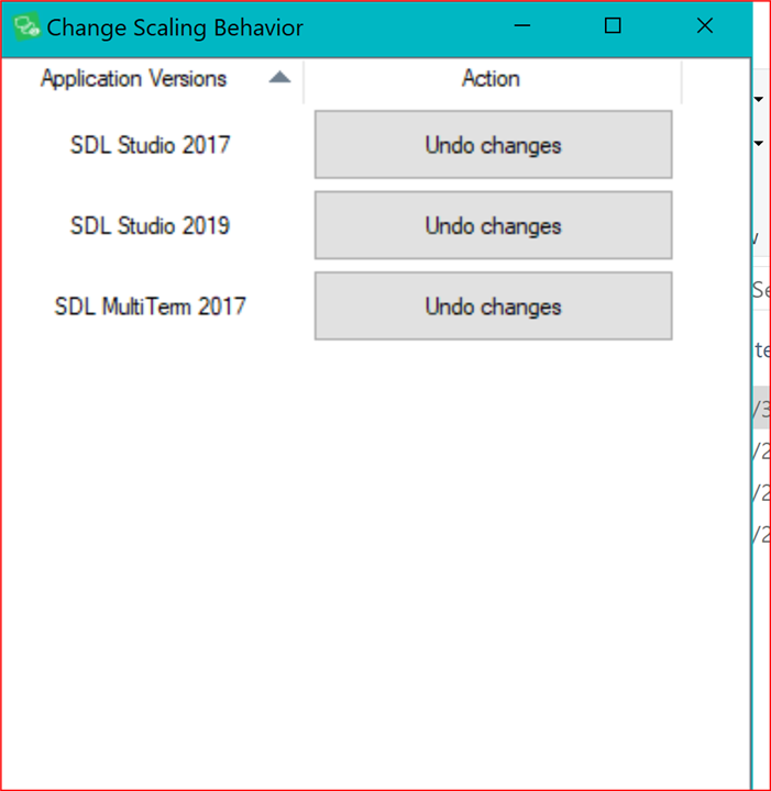 Screenshot of the 'Change Scaling Behavior' window with options for SDL Studio 2017, SDL Studio 2019, and SDL MultiTerm 2017, but no option for MultiTerm 2019.