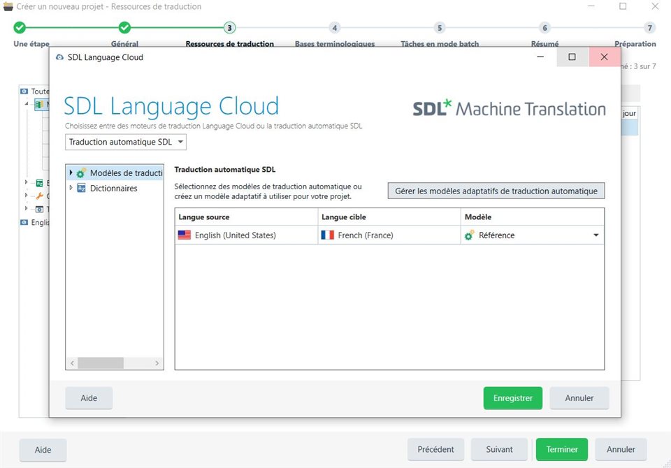 Trados Studio interface showing SDL Language Cloud settings with options for SDL Machine Translation and dictionaries.