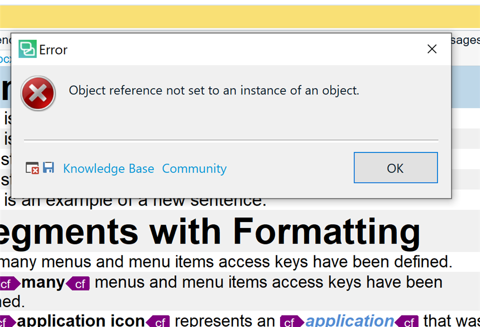 Error dialog box on Trados Studio software stating 'Object reference not set to an instance of an object' with an OK button and links to Knowledge Base and Community.