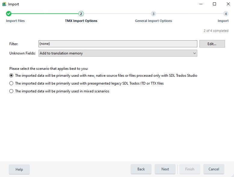 Trados Studio TMX Import Options screen with options for data usage scenarios and unknown fields handling.