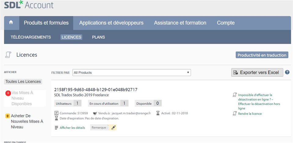 Screenshot of SDL Trados Studio Licenses tab showing one active license for SDL Trados Studio 2019 Freelance with a warning icon and a message 'Impossible d'effectuer la d sactivation en ligne?' indicating an issue with online deactivation.