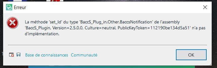 Error message in Trados Studio stating 'The method 'set_Id' of type 'BaccS_Plug_in.Other.BaccsNotification' from assembly 'BaccS_Plugin, Version=2.5.0.0, Culture=neutral, PublicKeyToken=112190be134d5a51' has no implementation.' with OK button.