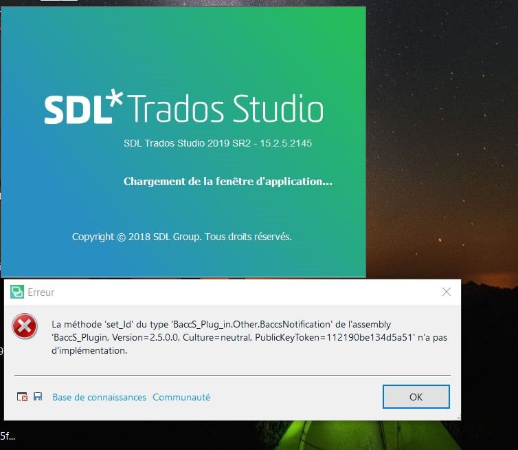 Error message on Trados Studio launch screen stating 'La methode 'set_Id' du type 'BaccS_Plugin...n'a pas d'implementation.' with options for Knowledge Base and Community.