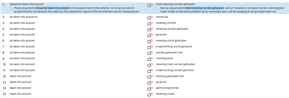 Screenshot of Trados Studio showing a list of fragment matches for the phrase 'be taken into account' with corresponding translations in another language on the right side.