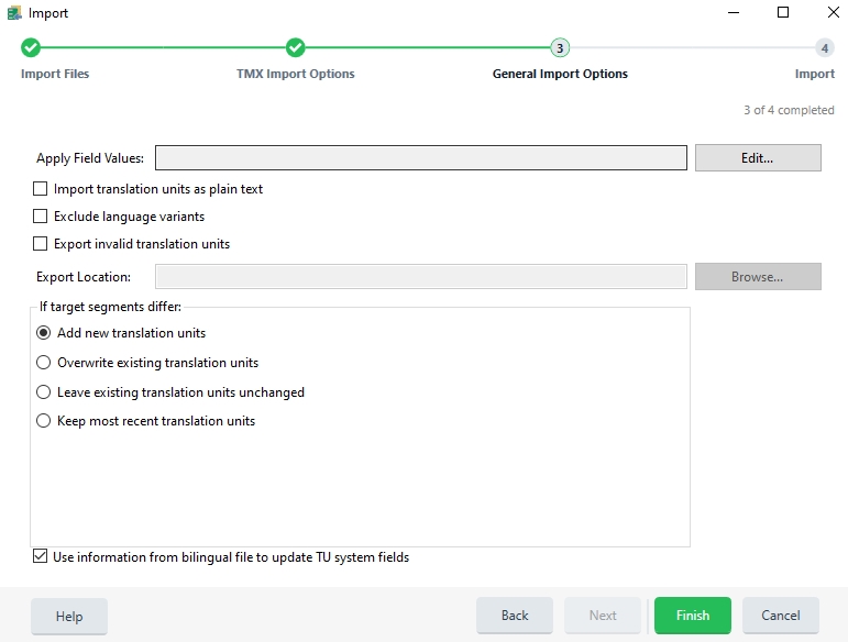 Trados Studio General Import Options screen with options for field values, language variants, and segment differences.