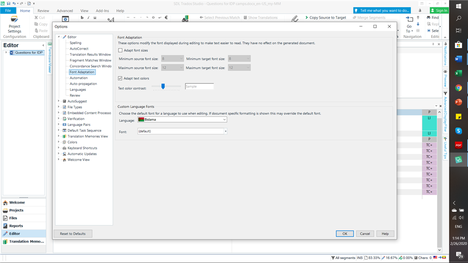 Trados Studio screenshot showing the Options menu with Font Adaptation settings. Language is set to Bislama with no visible errors or warnings.