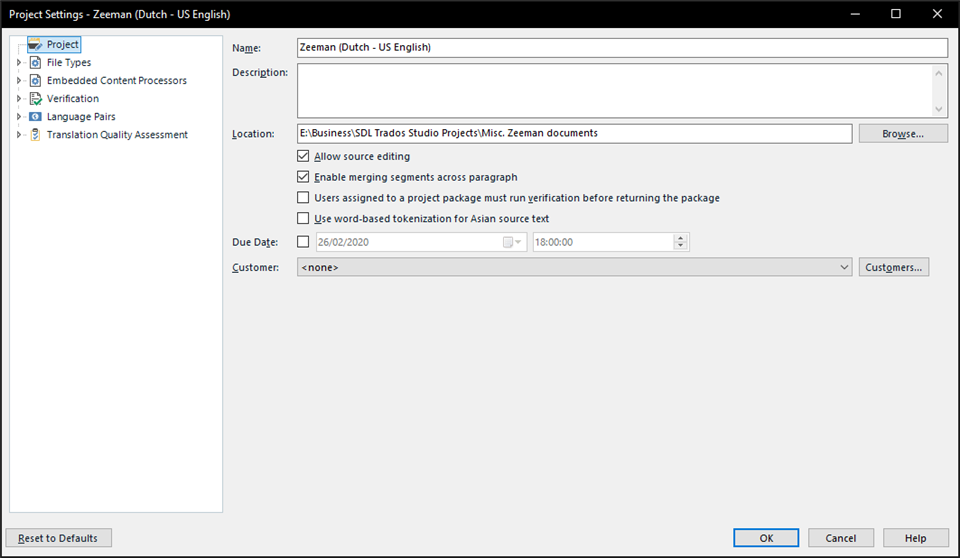 Trados Studio Project Settings window at 1080p resolution with 100% scaling, displaying options for file types, verification, and translation quality assessment.