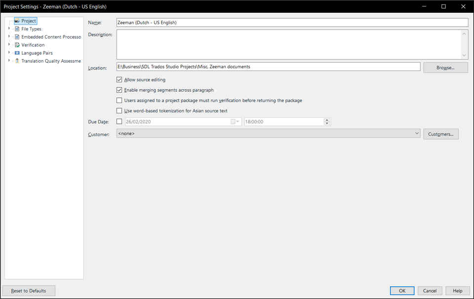 Trados Studio Project Settings window at 1080p resolution with 125% scaling, showing slightly truncated text and options due to increased scaling.
