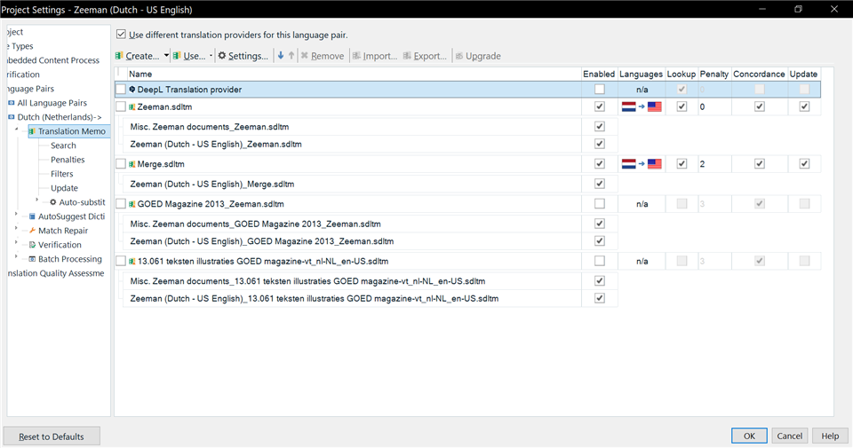 Trados Studio Project Settings window at 1080p resolution with 175% scaling, with text and options significantly truncated and harder to read due to high scaling.