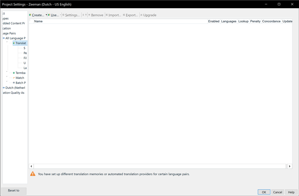 Trados Studio Project Settings window with a narrow left column, cutting off the text of various pages such as 'Translation Memory and Automated Translation', 'Language Pairs', and 'Batch Processing'. A warning message at the bottom reads 'You have set up different translation memories or automated translation providers for certain language pairs.'
