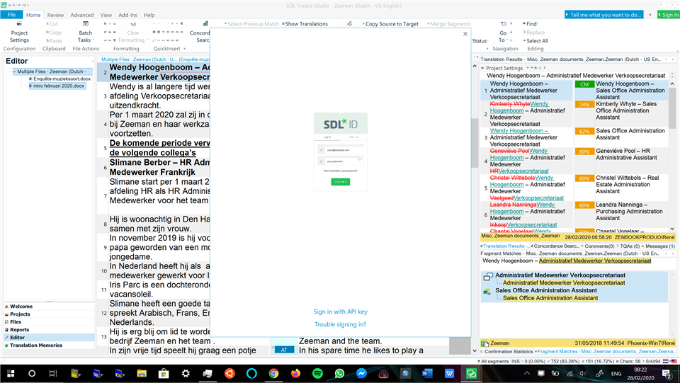 Screenshot of Trados Studio interface with multiple windows open, including a translation project, SDL ID sign-in prompt, and various toolbars and menus.