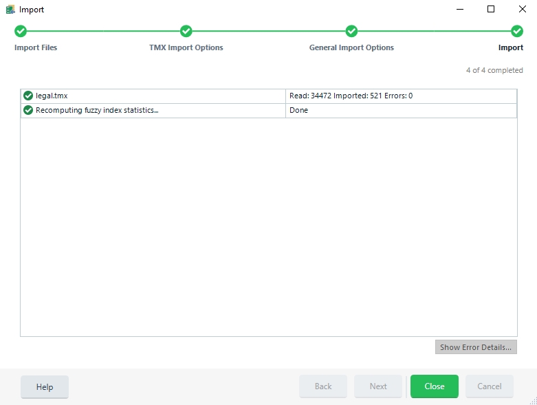 Trados Studio Import completion screen showing a .tmx file with segments read and imported without errors.