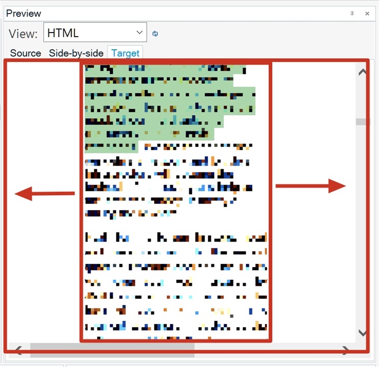 Screenshot of Trados Studio's Preview Panel with HTML view selected, showing large margins on the left and right side of the target text. Red arrows point to the excessive margins.