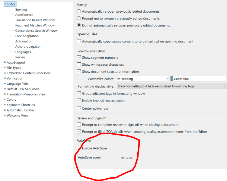 Trados Studio settings window showing the 'AutoSave' section with 'Enable AutoSave' checked and 'AutoSave every' field empty.
