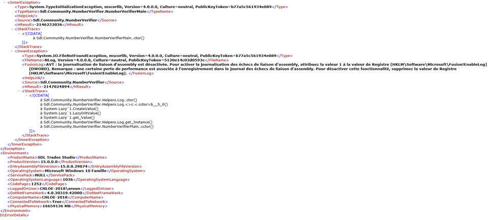Error details in SDL Trados Studio 2019 displaying a FileNotFoundException and a stack trace with system and SDL community methods.