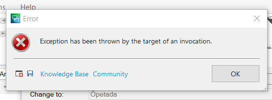 Error dialog box in Trados Studio 2021 showing 'Exception has been thrown by the target of an invocation.'