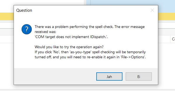 Question dialog box in Trados Studio 2021 with a spell check error message 'COM target does not implement IDispatch.'